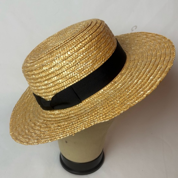 Lack Of Color Natural Straw Boater Sun Hat Sz M 57cm Wide Brim Black Band